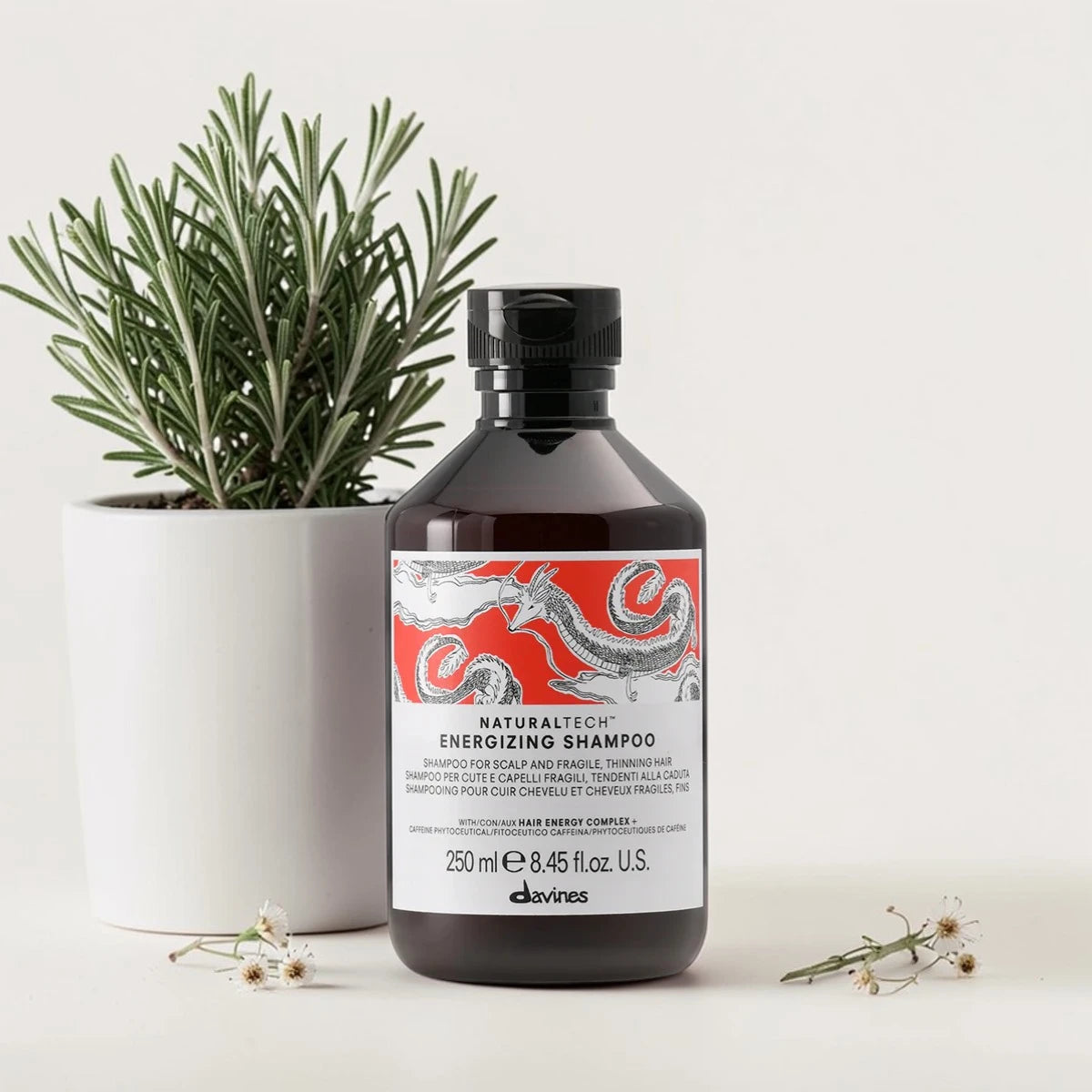 Flacon de 250 ml du Naturaltech Energizing Shampoo de Davines, shampooing anti-chute pour cuir chevelu et cheveux fragiles au Hair Energy Complex et aux phytoceutiques de caféine, posé devant un pot de romarin et entouré de petites fleurs blanches.