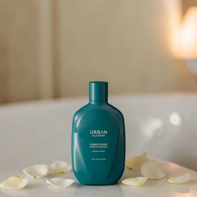 Bouteille bleue d’après-shampoing Urban Alchemy sur un comptoir de salle de bain avec des pétales