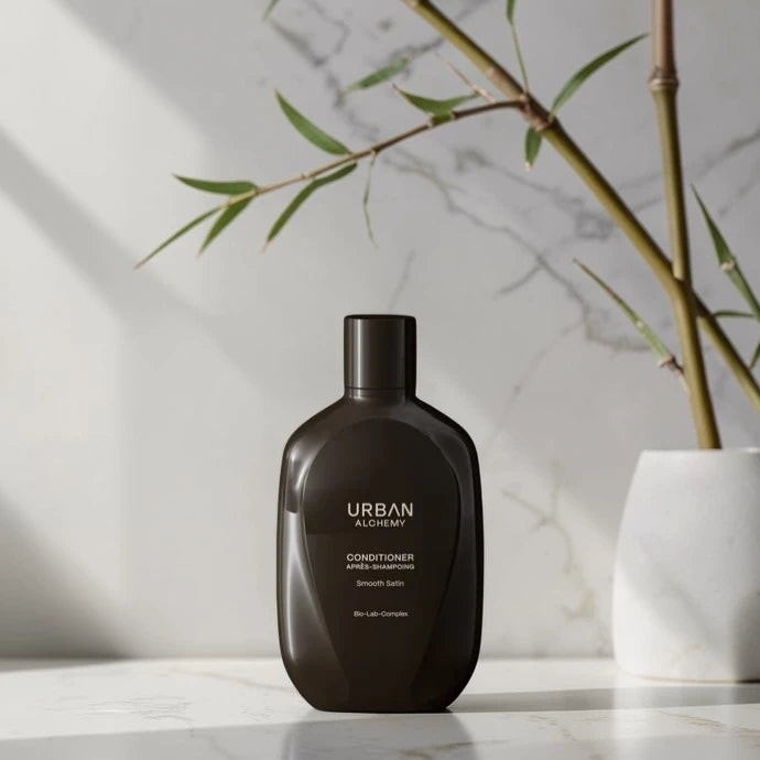 Après-shampoing Urban Alchemy Smooth Satin avec branches de bambou sur marbre blanc, Victor Bazin Paris