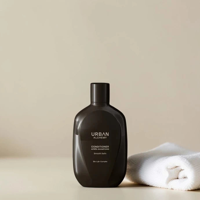 Après-shampoing Urban Alchemy Smooth Satin sur surface crème avec serviette blanche, soin luxueux Victor Bazin Paris