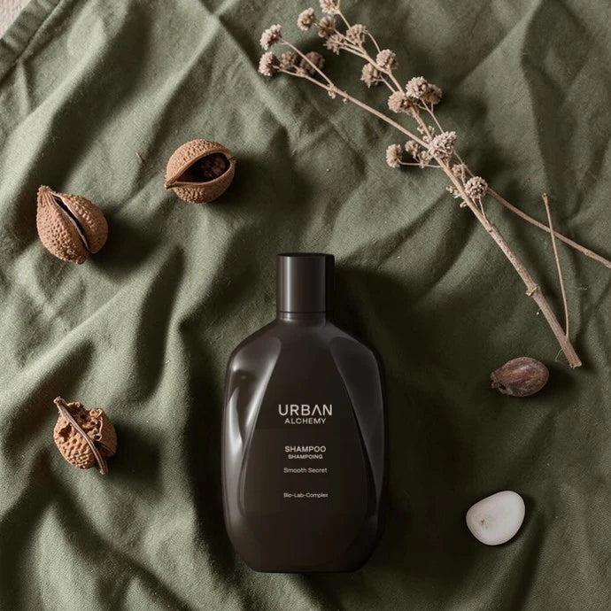 Bouteille de shampooing étiquetée "Urban Alchemy" sur un fond en tissu vert avec des éléments naturels.
