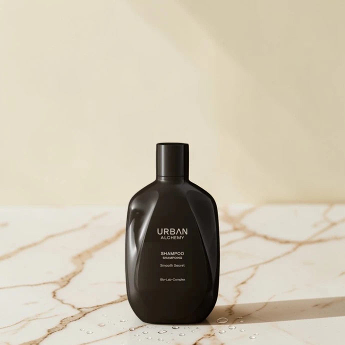 Bouteille de shampooing noir étiquetée "Urban Alchemy" sur une surface en marbre avec un fond beige