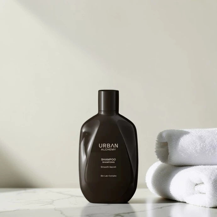 Shampoing Urban Alchemy Smooth Secret sur marbre blanc, ambiance spa luxueux Victor Bazin Paris