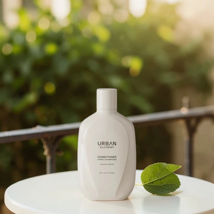 Bouteille blanche d’après-shampoing Urban Alchemy sur une table avec une feuille verte, décor extérieur